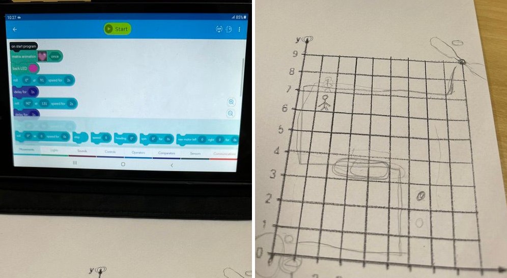 À esquerda, um tablet com blocos de programação; à direita, um plano cartesiano desenhado em papel quadriculado